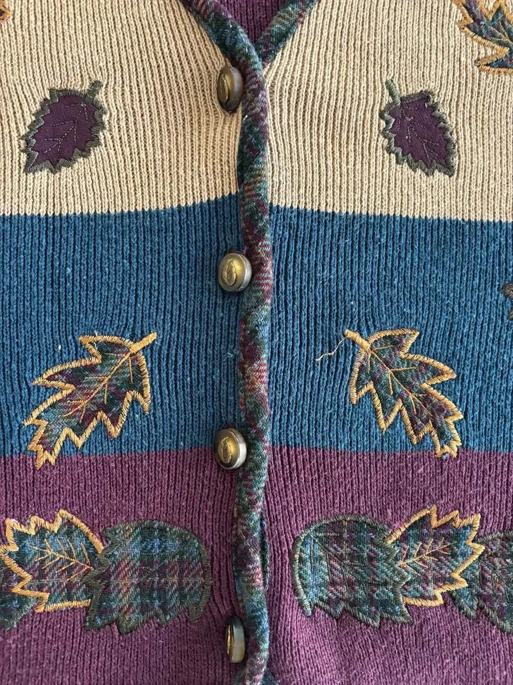 Lucia Vintage Embroidered Plaid Leaf Knit Sweater Vest Size Large